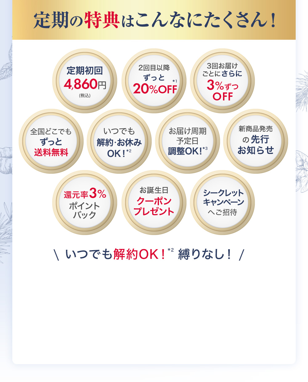 定期の特典はこんなにたくさん！\いつでも解約OK！*²縛りなし！/